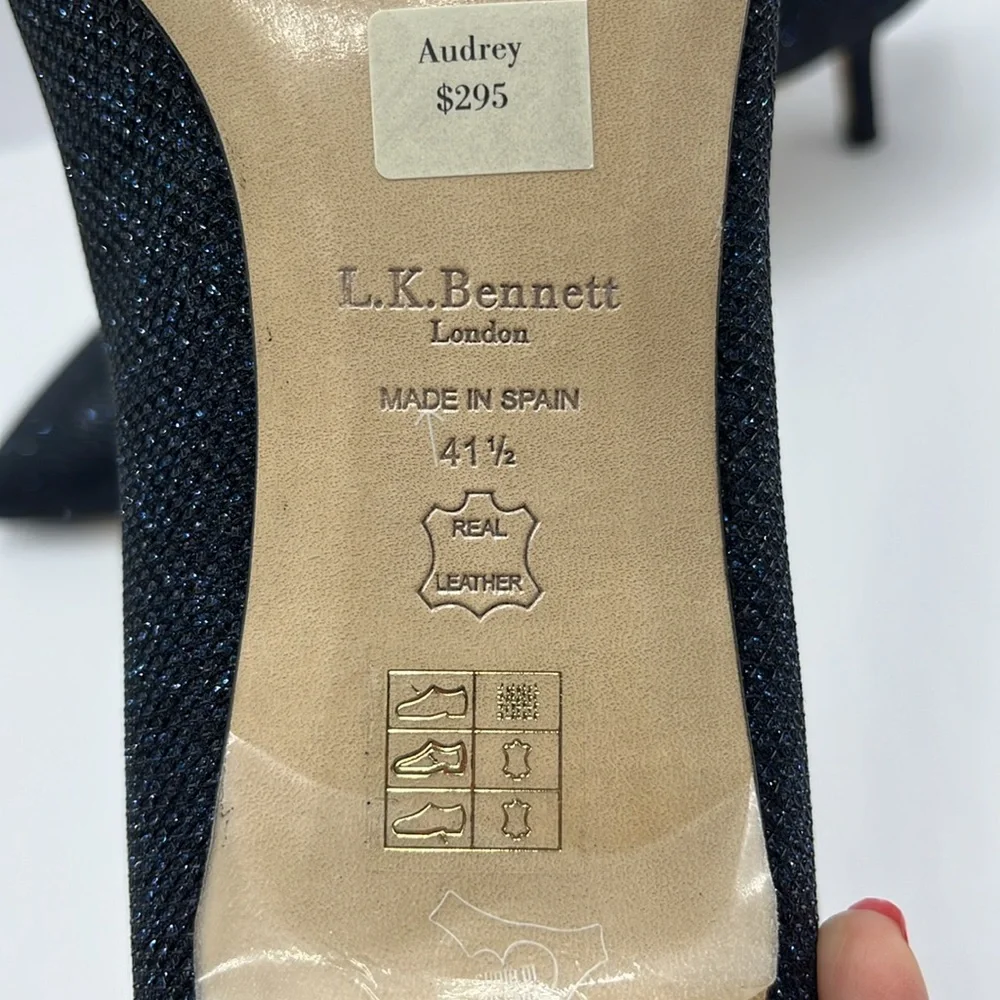 LK Bennett Women’s Sz 10.5 Audrey Kitten Heels Sparkle Navy Blue Wedding Fancy